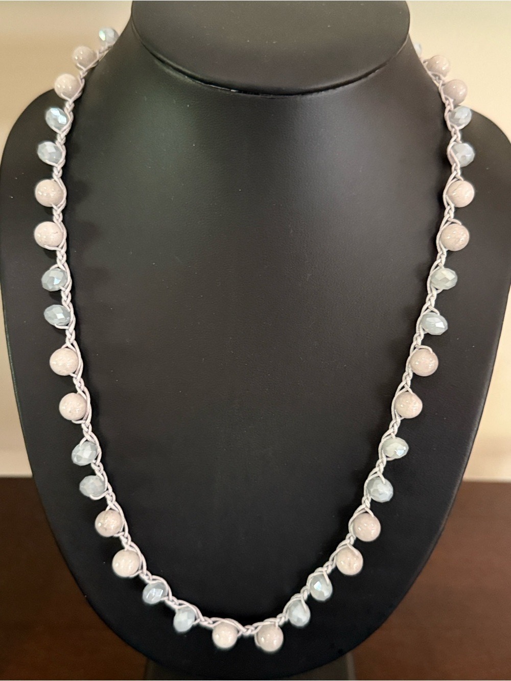 Gemstone and glass blueish grey beaded hand woven necklace